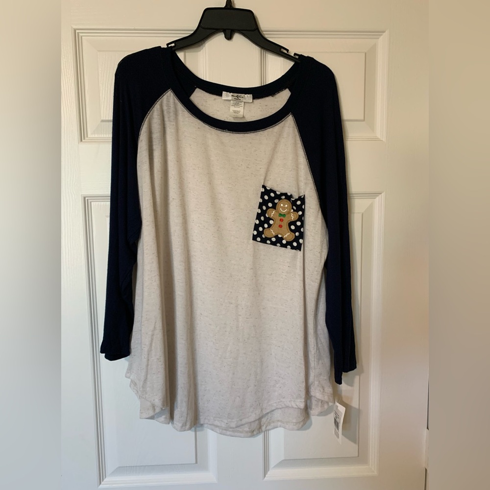 Moa Moa Blue‎ White Raglan 3/4 Sleeve Tee Plus Size 1X  Casual Holiday Festive